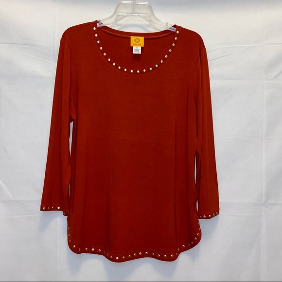 Ruby Rd. Rust Red Top w/ Gold embellishments on the neck, bottom & sleeves - Med - Picture 1 of 12
